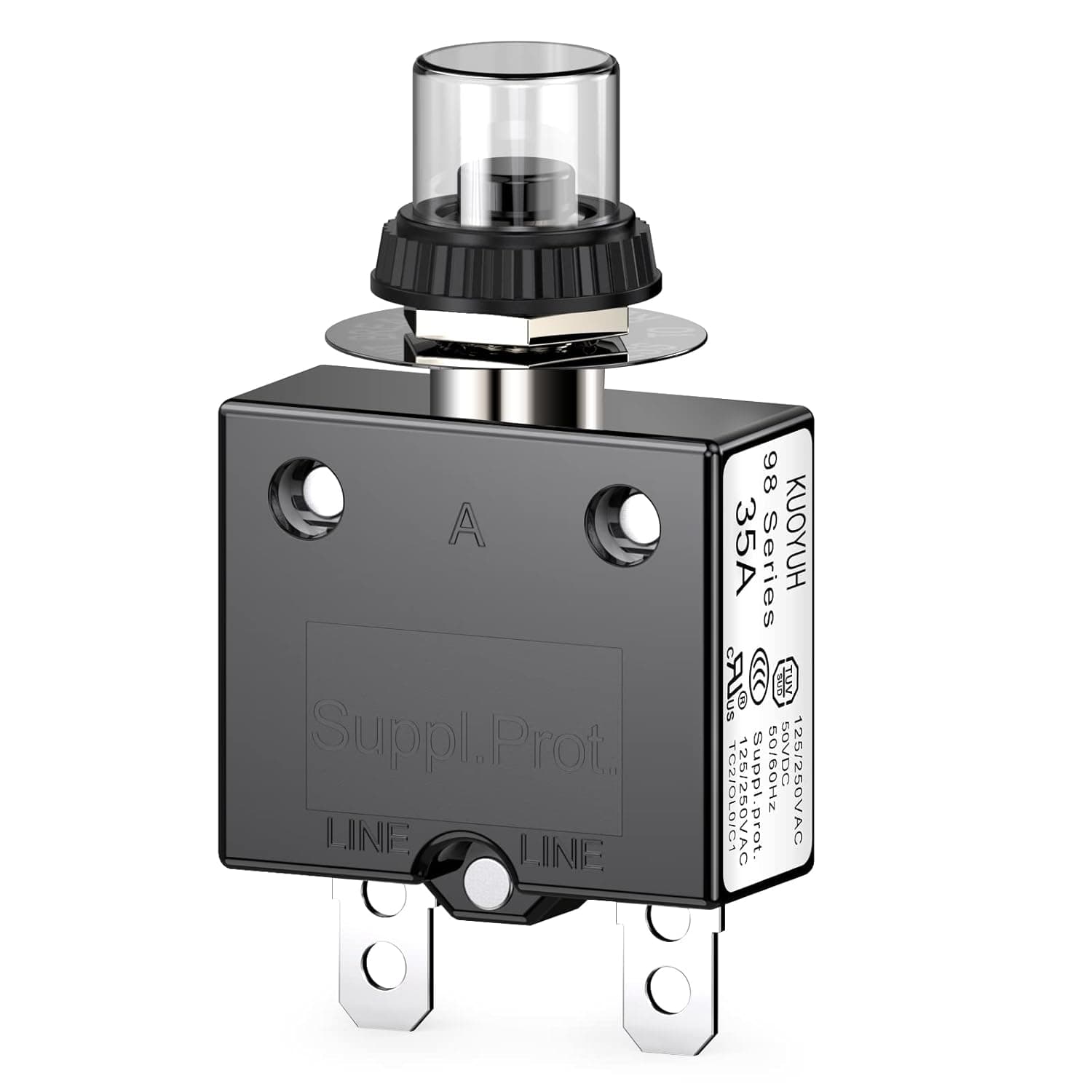 DIYhz Thermal Circuit Breaker,98 Series 35A 125/250VAC Circuit Breaker Push-Button Reset with Quick Connect Terminals and Waterproof Button Cover 32VDC Thermal Overload Circuit Breaker - 35 Amp, 1 Pcs
