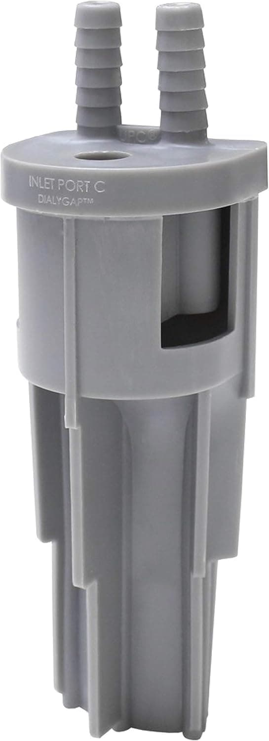 Universal dual air gap for dialysis machines and water softeners/filters with 3/8 inch ports (Dialygap, TG-20, AG100-002).
