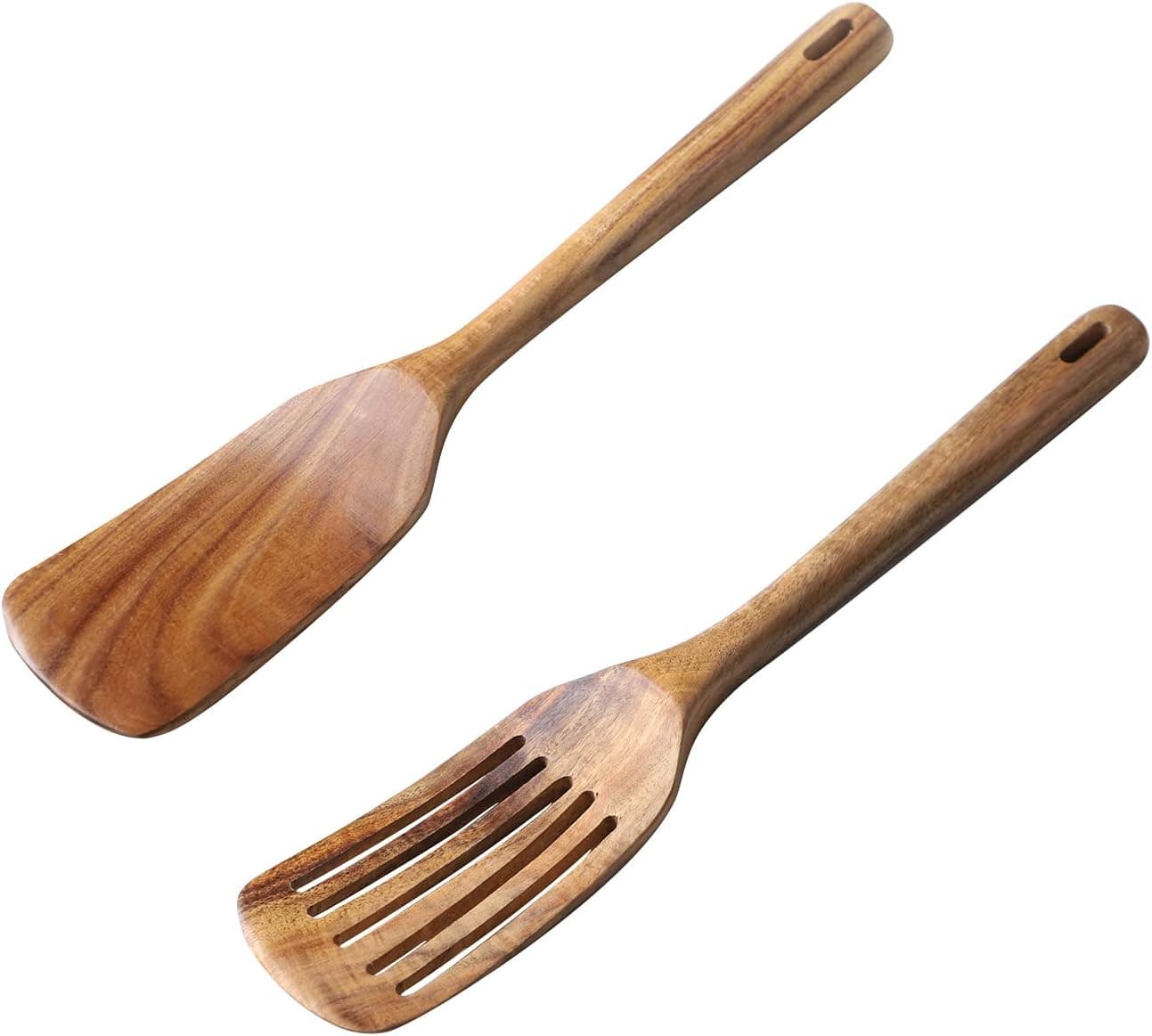 Muso Wood Teak Spatula Set of 2, Wooden Long Handle Slotted Turner, Heat Resistant Kitchen Cooking Utensils Non Stick