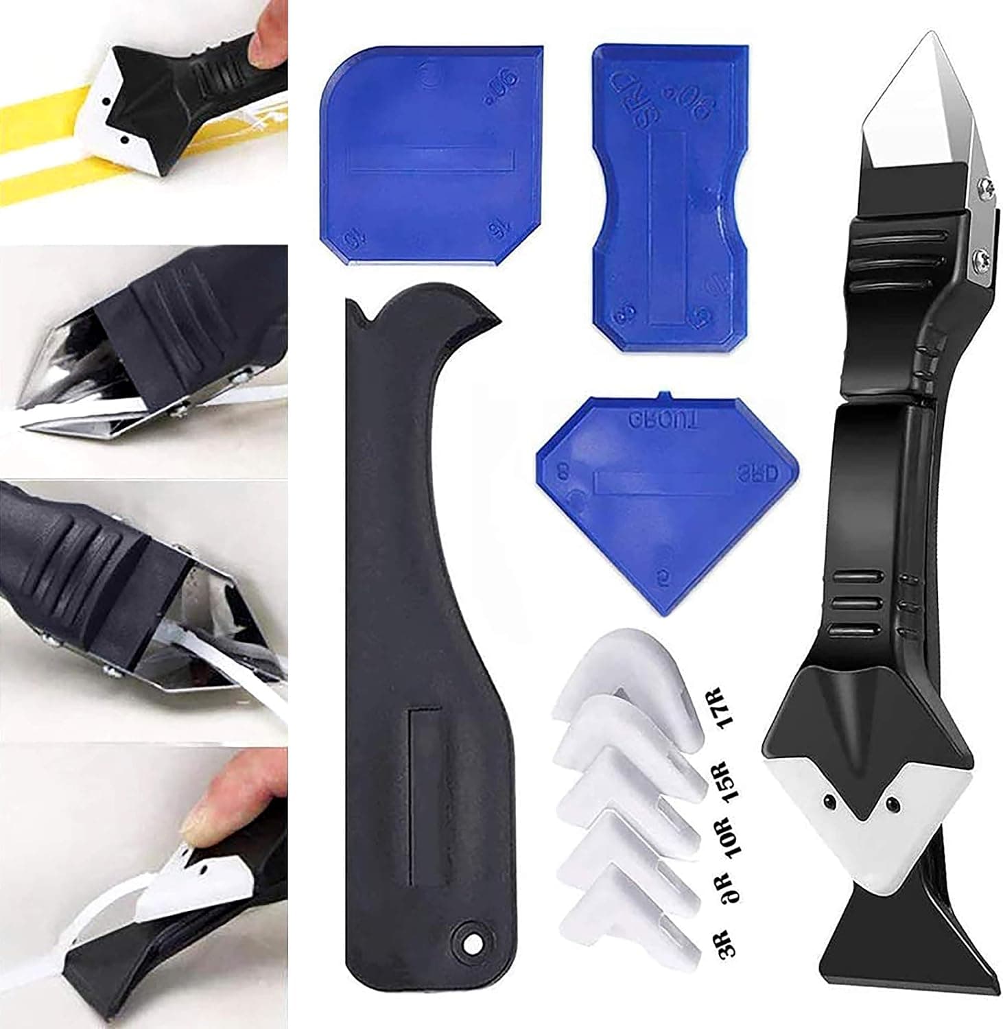 3 in 1 Silicone Caulking Tools（stainless steelhead）, Sealant Finishing Tool Grout Scraper Remover, Reuse and Replace 5 Silicone Pads, Versatile Tools for Kitchen Bathroom Window Sink Joint (3 in 1)