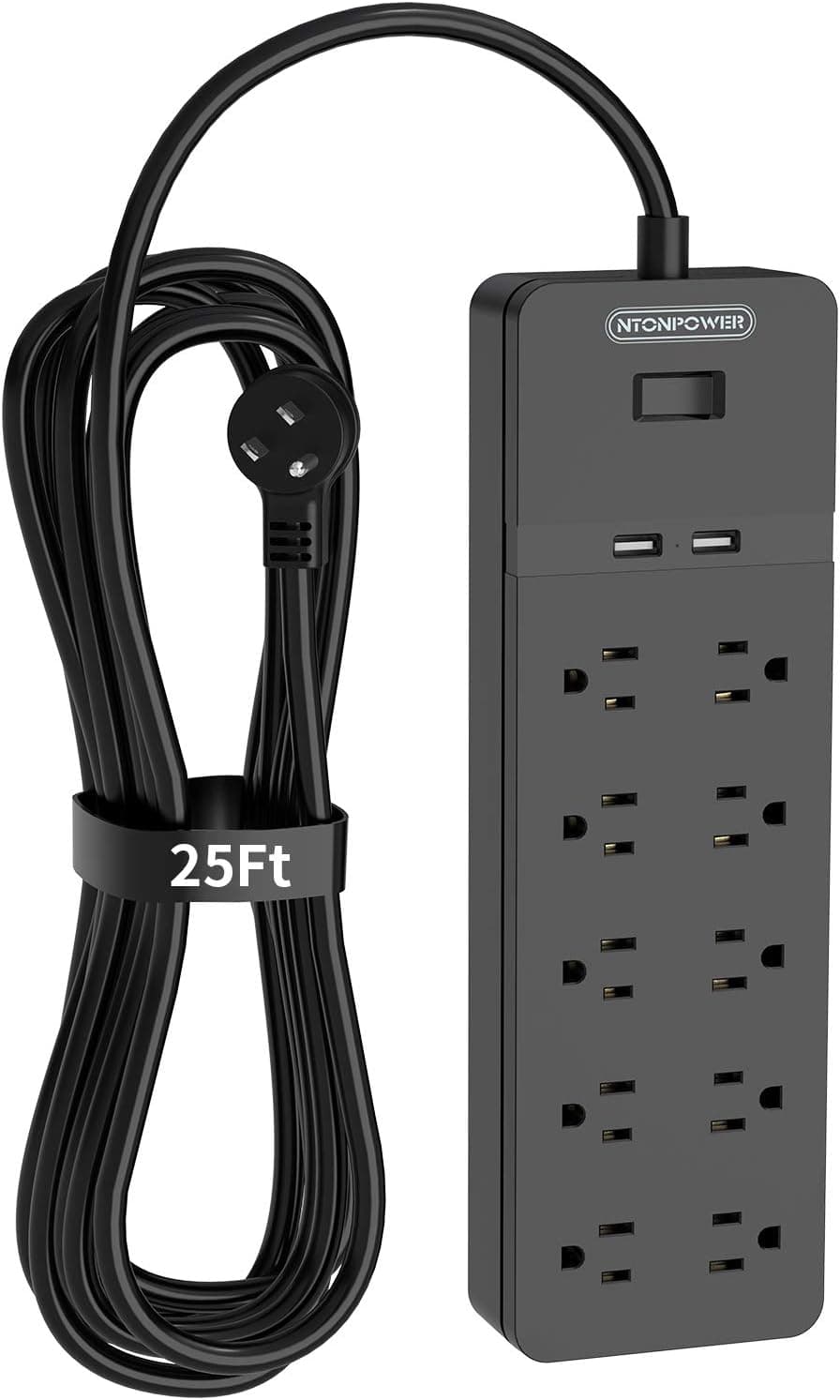 Flat Plug Extension Cord 25 Ft, NTONPOWER 10 Widely Spaced Outlets Power Strip Surge Protector with 2 USB, Overload Protection, 1080 Joules, Wall Mountable for Indoor, Home Office and Workbench