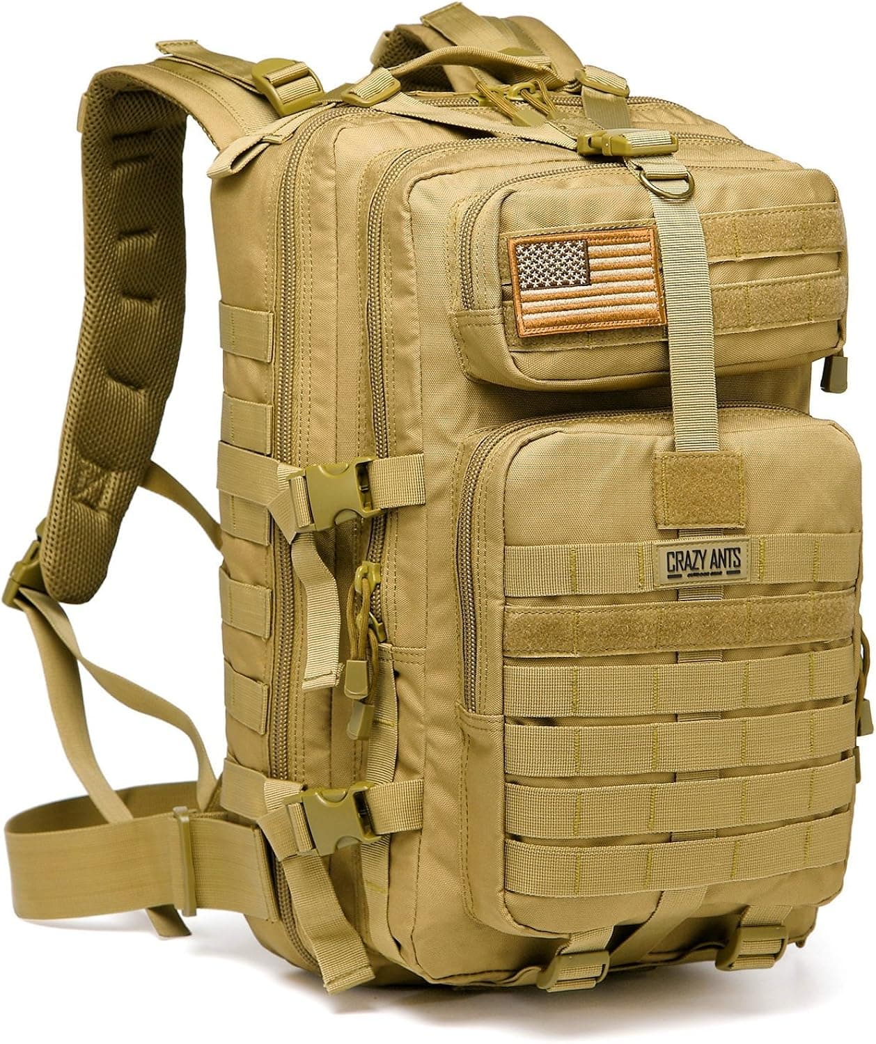 CRAZY ANTS Military Tactical Backpack Waterproof Outdoor Gear for Camping Hiking Khaki