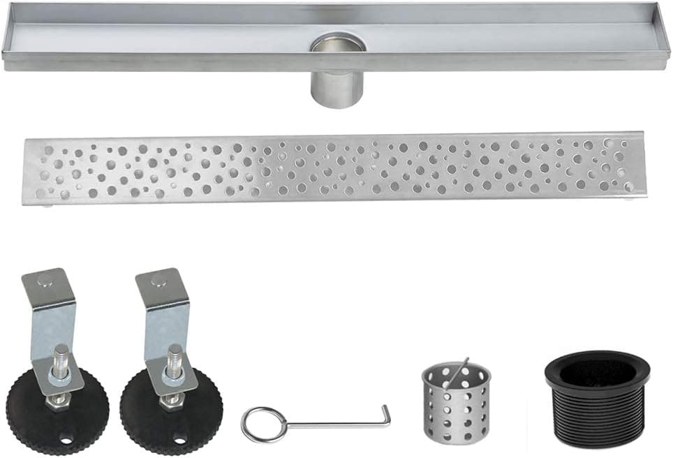 WINSOON 48 Inch Shower Linear Drain，Round Pattern Grate， Brushed 304 Stainless Steel Rectangle Shower Floor Drain， Adjustable Leveling Feet，Hair Strainer (48 in)