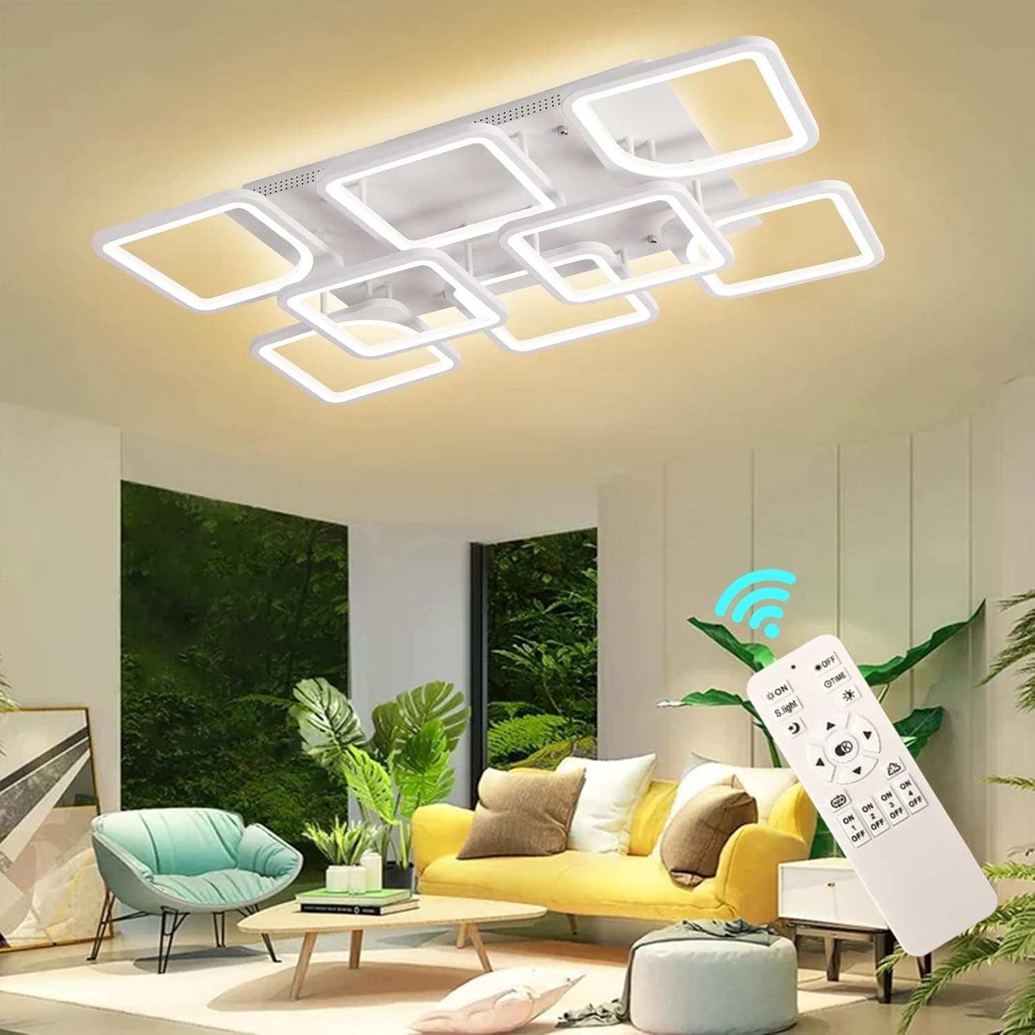 KINDLOV Modern LED Ceiling Light Fixture, 6+2 Square Ceiling Light, Remote Control/Mobile App Dimmable Ceiling Light, Suitable for Living Room Bedroom Dining Room Kitchen Studyroom 85W