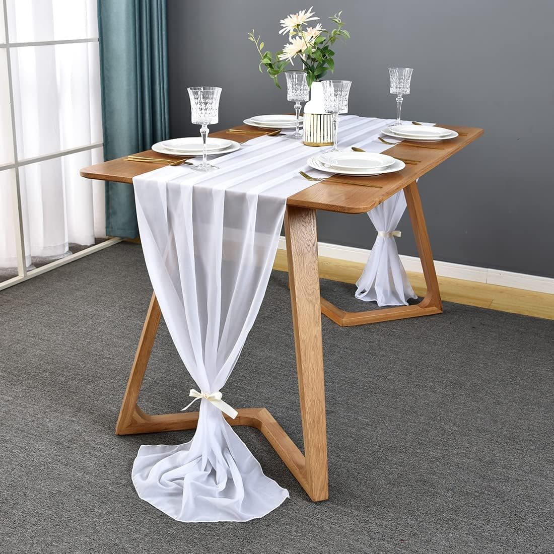 Okixuwo White Chiffon Table Runner 10ft, Large Boho Sheer Wedding Table Runner 27x120 Inches, Romantic Rustic Gauze Table Cloth Birthday Bridal Party Decorations