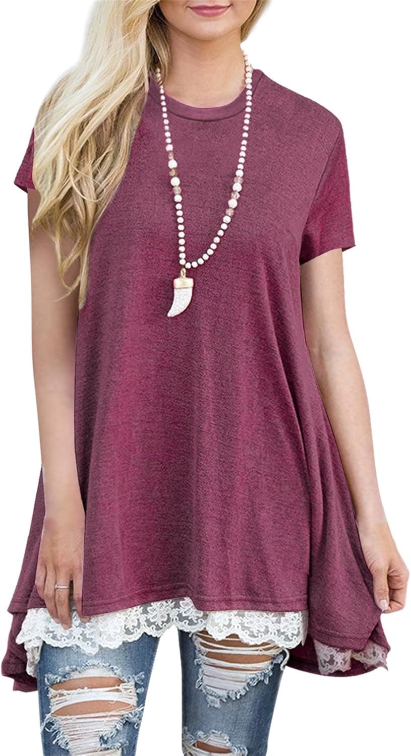 Womens Lace Hem Short Sleeve Flowy Tunic Shirt Long Tee Shirt M Red