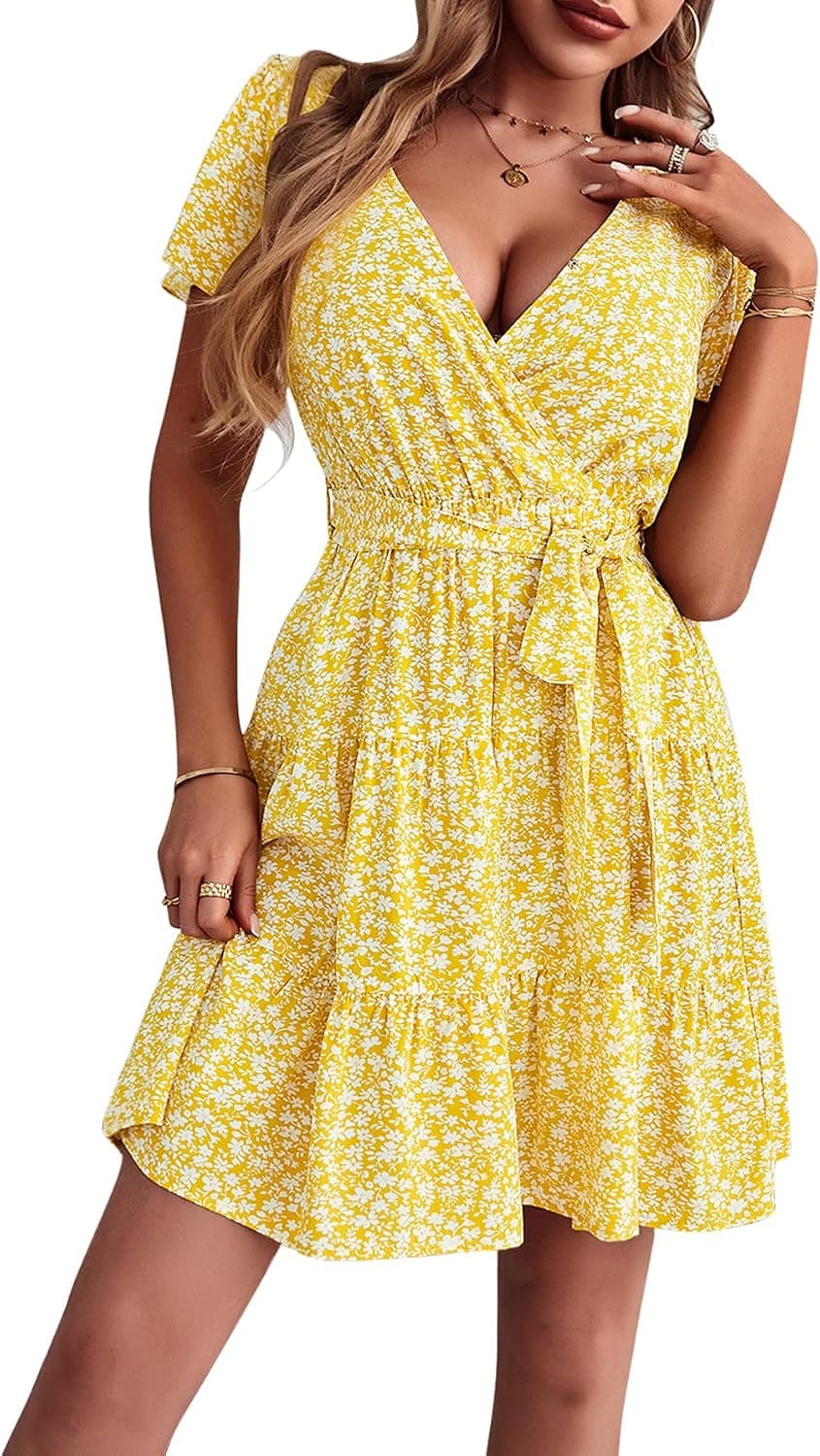 Yinos Womens Flowy Long Sleeve V Neck Dress Polka Dot Floral Aline Belt Casual Chiffon Mini Wedding Guest Dresses
