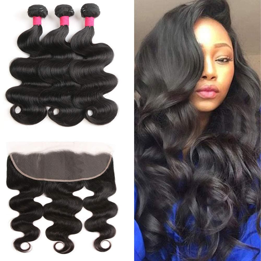 BaiYao Hair Brazilian Body Wave Hair 3 Bundles with Lace Frontal Closure (13×4) Ear to Ear Frontal With Bundles Brazilian Body Wave Frontal Closure Natural Color (20 22 24+18 Frontal)