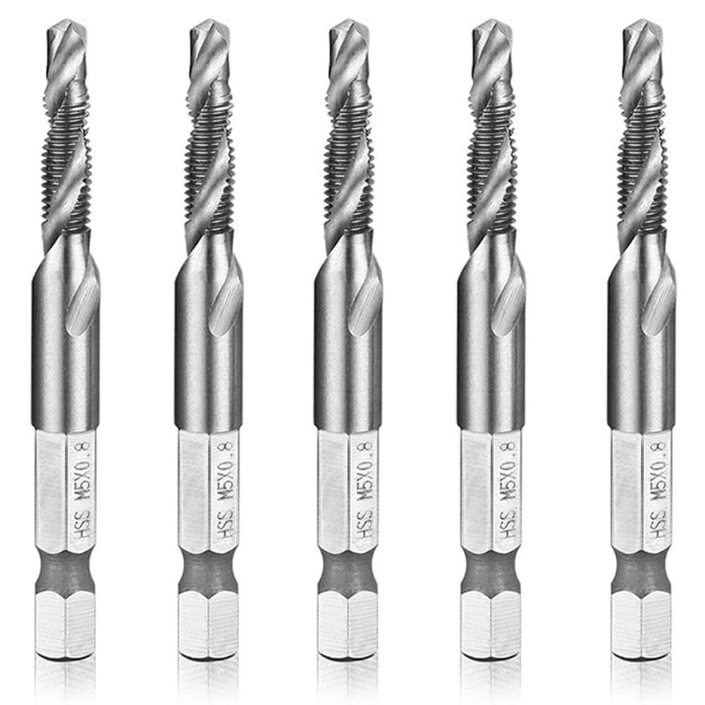 Hymnorq M5 x 0.8 Metric HSS 4341 Combination Drill and Tap Bit Set of 5pcs with 1/4” Hex Shank and Self-Centering Split Point for Wood Plastic and Aluminum