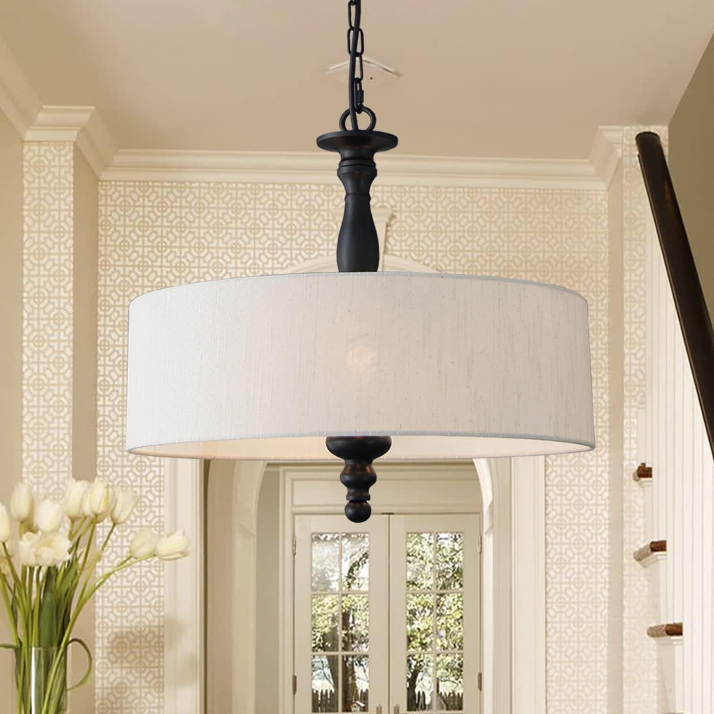 Cawabien 4 Light Linen Drum Rustic Chandelier,Pendant Lighting Fixture with Black Metal Rod Adjustable Hanging Chain Ceiling Lights for Kitchen Island Dining Table Entryway,Foyer,Dia 17.3inch