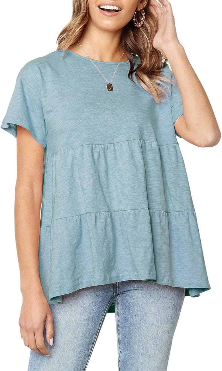 Sanifer Women's Peplum Tops Summer Short Sleeve Ruffle Loose Shirt Blouse