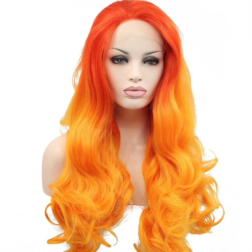 Melody Wig Orange Ombre Synthetic Lace Front Wigs Red Orange Body Wave Free Part 180% Density Half Hand Tied Heat Resistant Fiber Hair for Women 24"