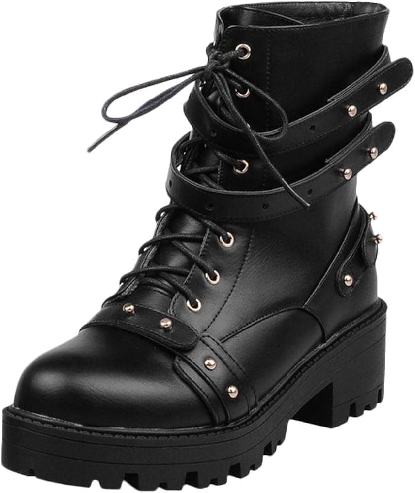 Carolbar Women's Plus Size Lace Up Fashion Punk Combat Mid Heel Short Motorcycle Boots (9, Black)