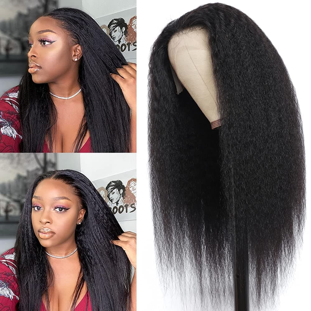 Kinky Yaki Straight Lace Wigs Human Hair Kinky Straight 13X6 Lace Wig for Black Women 180% Density Brazilian Virgin Hair Yaki Straight Lace Wigs Pre Plucked Bleached Knots Natural Color 14 Inch