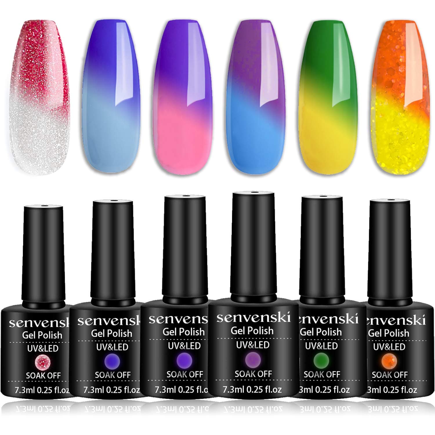 senvenski Color Changing Gel Nail Polish Pink White Blue Purple Green Orange Glitter Gift Set Mood Chameleon Soak Off UV LED Thermal Temperature Art Manicure Kit Varnish (WB6-007)