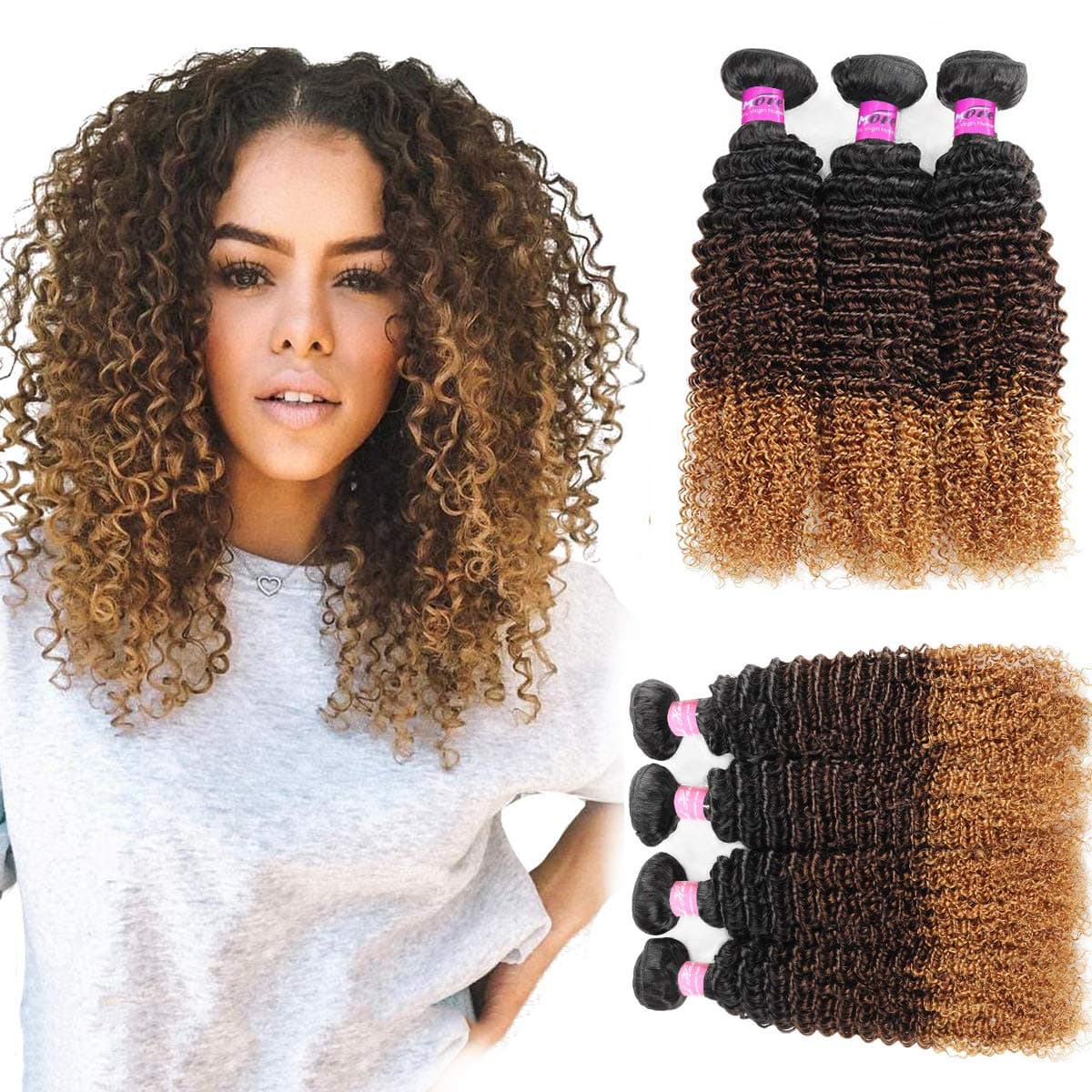 Mink Hair Ombre Curly Human Hair Bundles (10 12 14) 10A Brazilian Virgin Human Hair Extension 1B/4/27# Blonde Kinky Curly Weave Hair Bundles 100g/pc