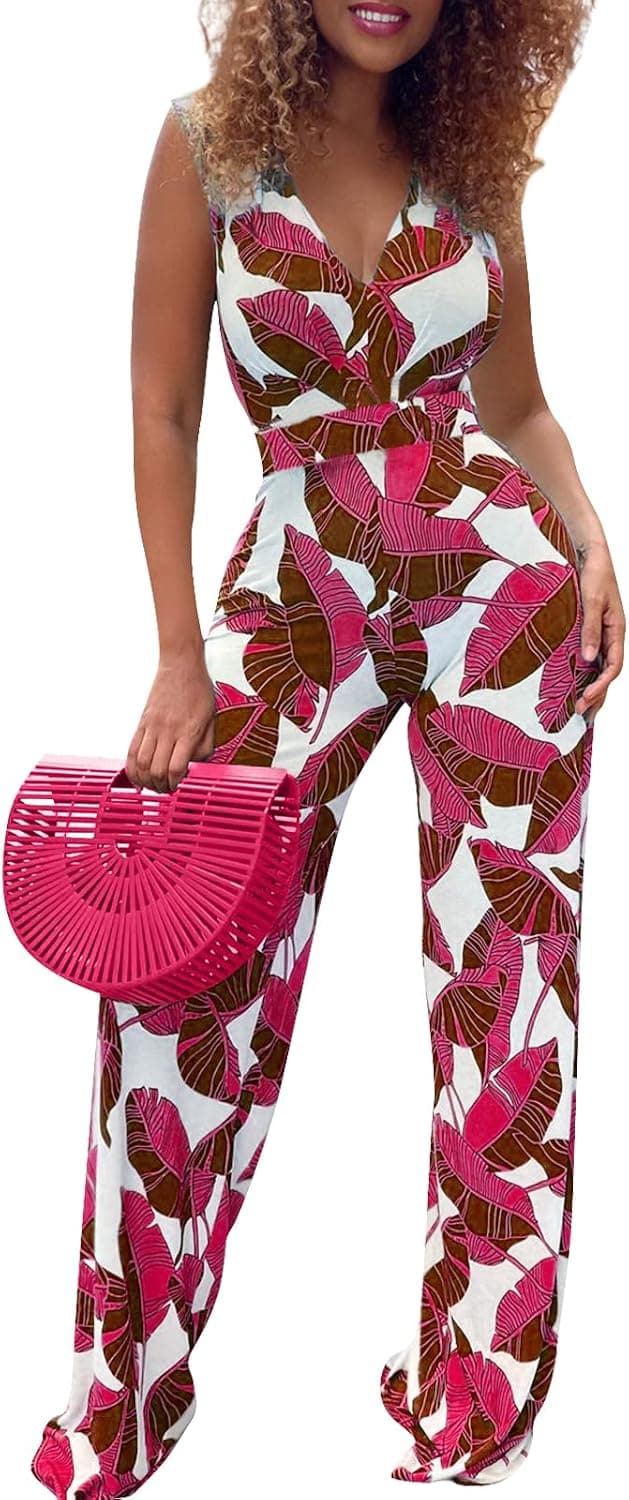 YouSexy Women's Summer Casual Jumpsuits Deep V Neck Sleeveless High Waist Wide Leg Stretchy Jumpsuits