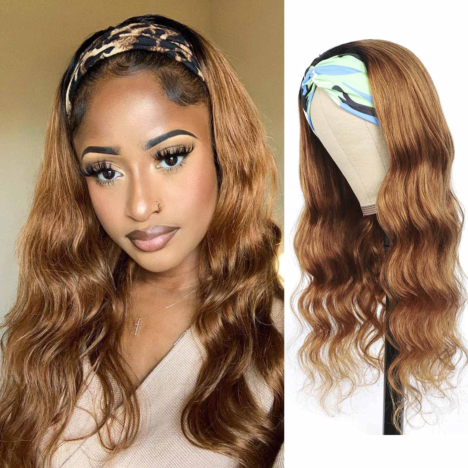 Adette Body Headband Wig Human Hair Ombre Brown Body Wigs for Black Women 10A Glueless None Lace Front Wig 180% Density 14 Inch Machine Made Headband Wig