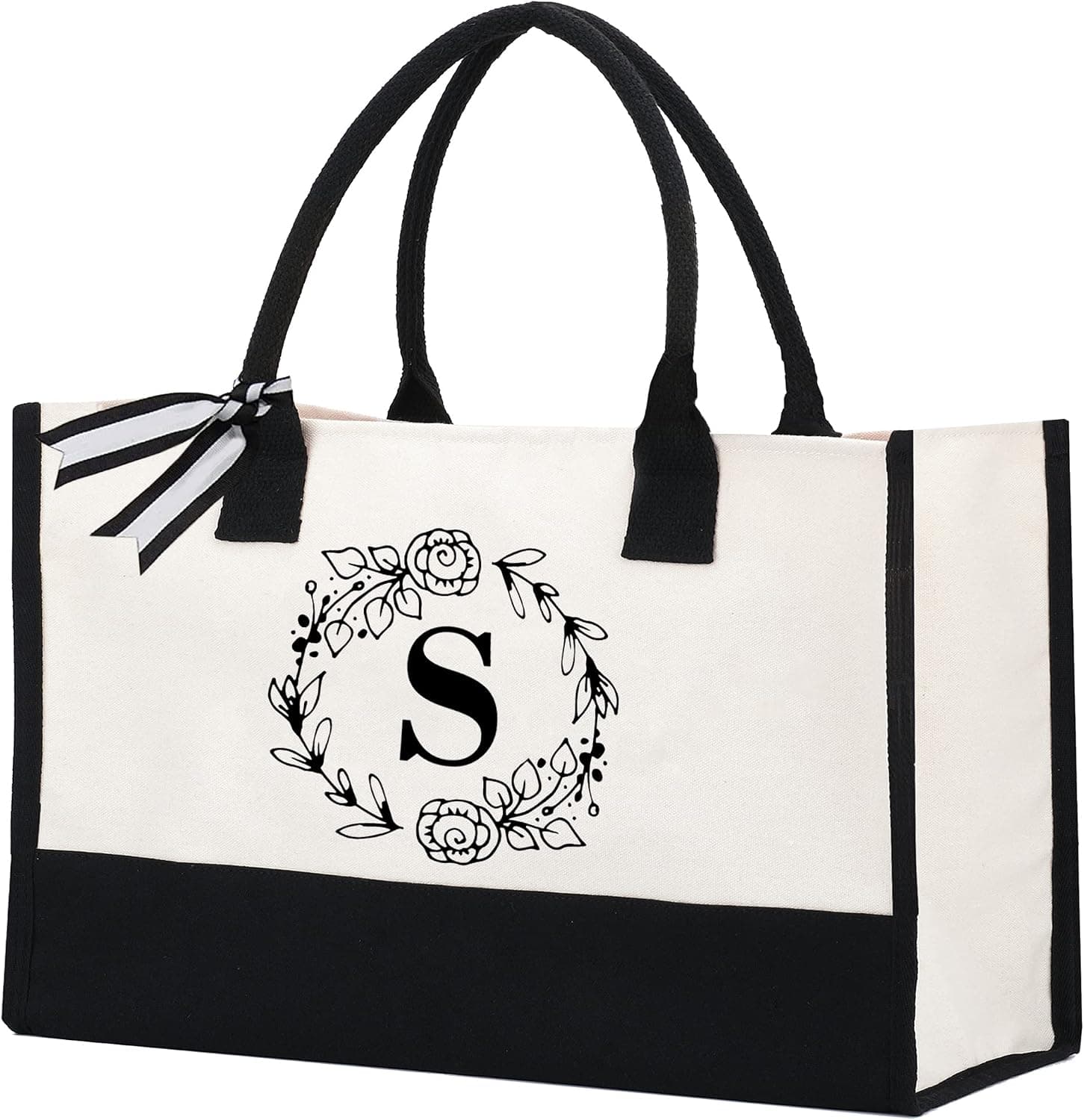 SUNELGIRL Beach Bag, Personalized Initial Canvas Bag, Monogrammed Gift Tote Bag for Women,Mom,Friends,Bridesmaids(26 letters)