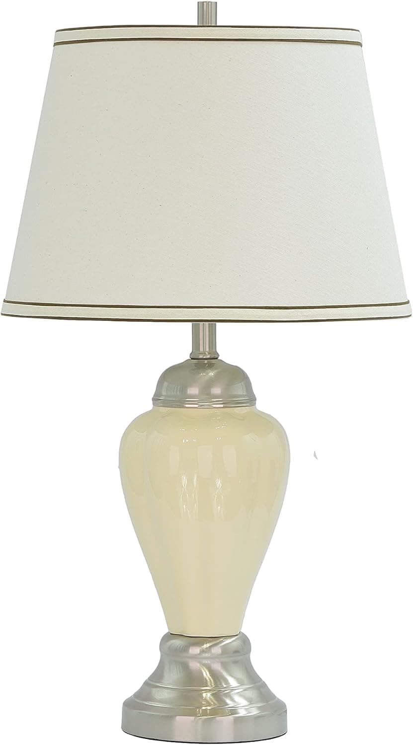 Aspen Creative 40016, 26" High Traditional Ceramic Table Lamp, Beige with Satin Nickel Base and Hardback Empire Shaped Lamp Shade in Off White, 15" Wide