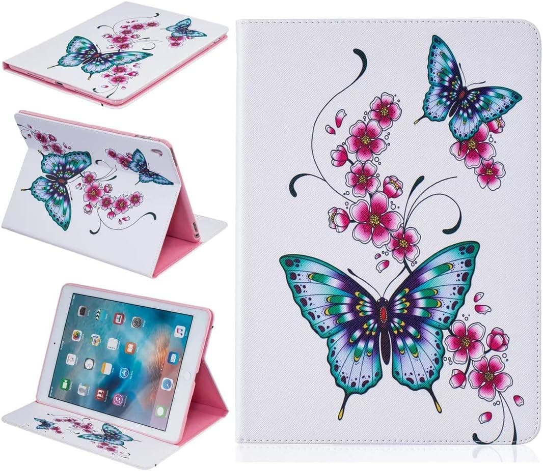 iPad Pro 9.7" Case,[Green Butterfly Pink Flower] Flip Wallet PU Leather Case Ultra Slim Stand with Card Slots Holder Protective Cover for Apple iPad Pro 9.7