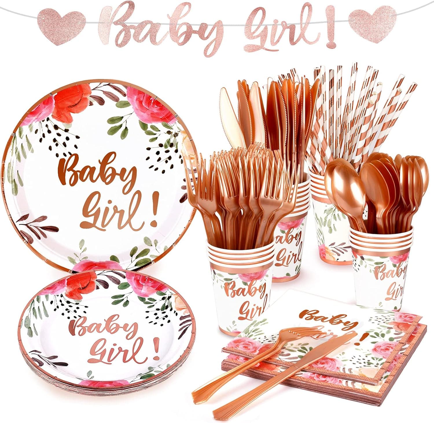 Baby Shower Plates and Napkins, Baby Shower Decorations for Gir, Rose Gold Banner, Floral Paper Plates, Cups, Napkins, Cutlery, Disposable Tableware Set for Girl Birthday Decorations Serves 20