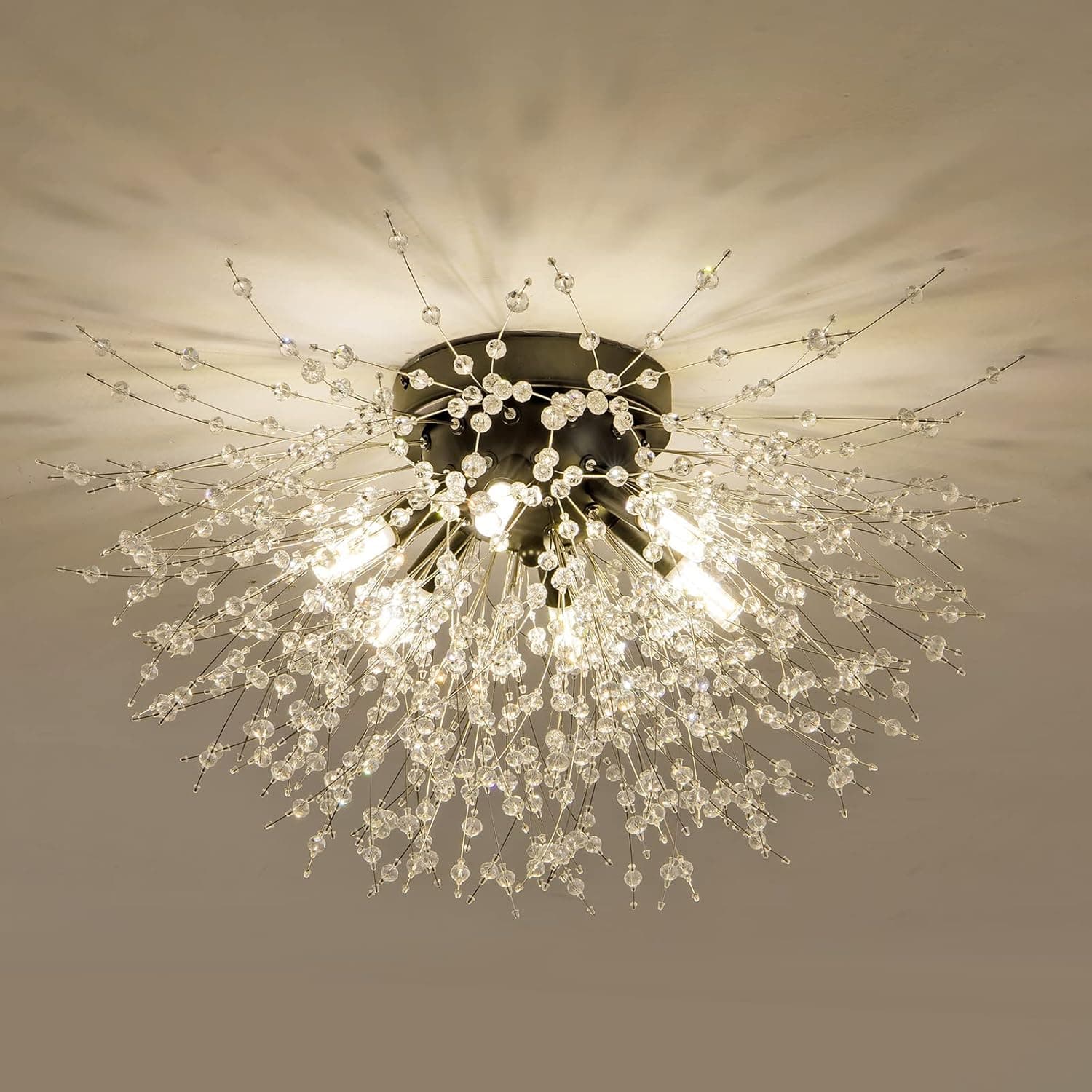 Black Semi Flush Mount Ceiling Light Fixture, Modern Crystal Sputnik Firework Ceiling Lights, 6-Light Close to Ceiling Lighting Fixtures for Bedroom Kitchen Hallway Entryway Closet(Matt Black)