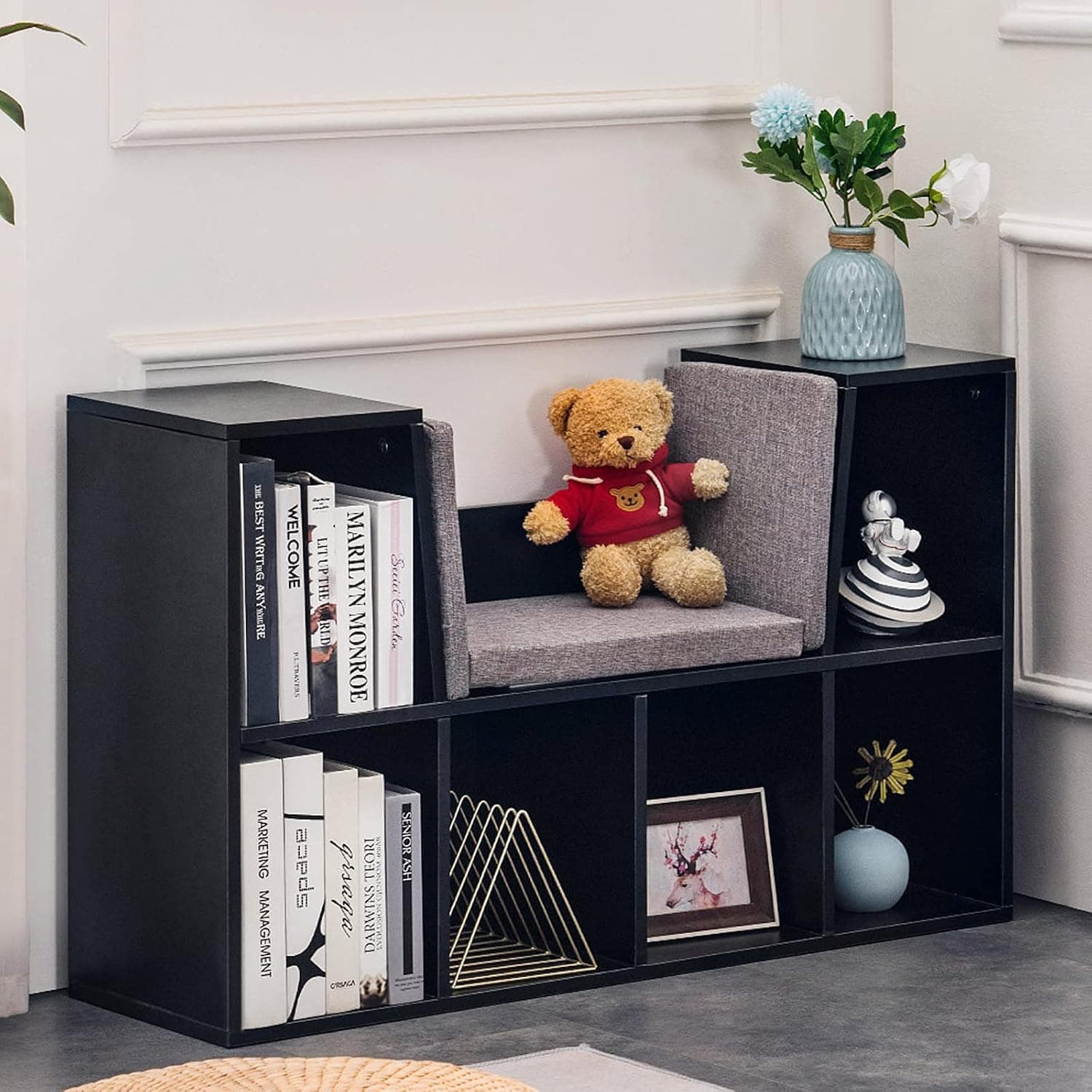 YOUDENOVA Kids Bookcases with Reading Nook, 6 - Cubby Playroom Organizer with Cushion, Wooden Corner Storage Book Shelf Nook for Kids Room and Bedroom,Gift for Age 3-10, Black