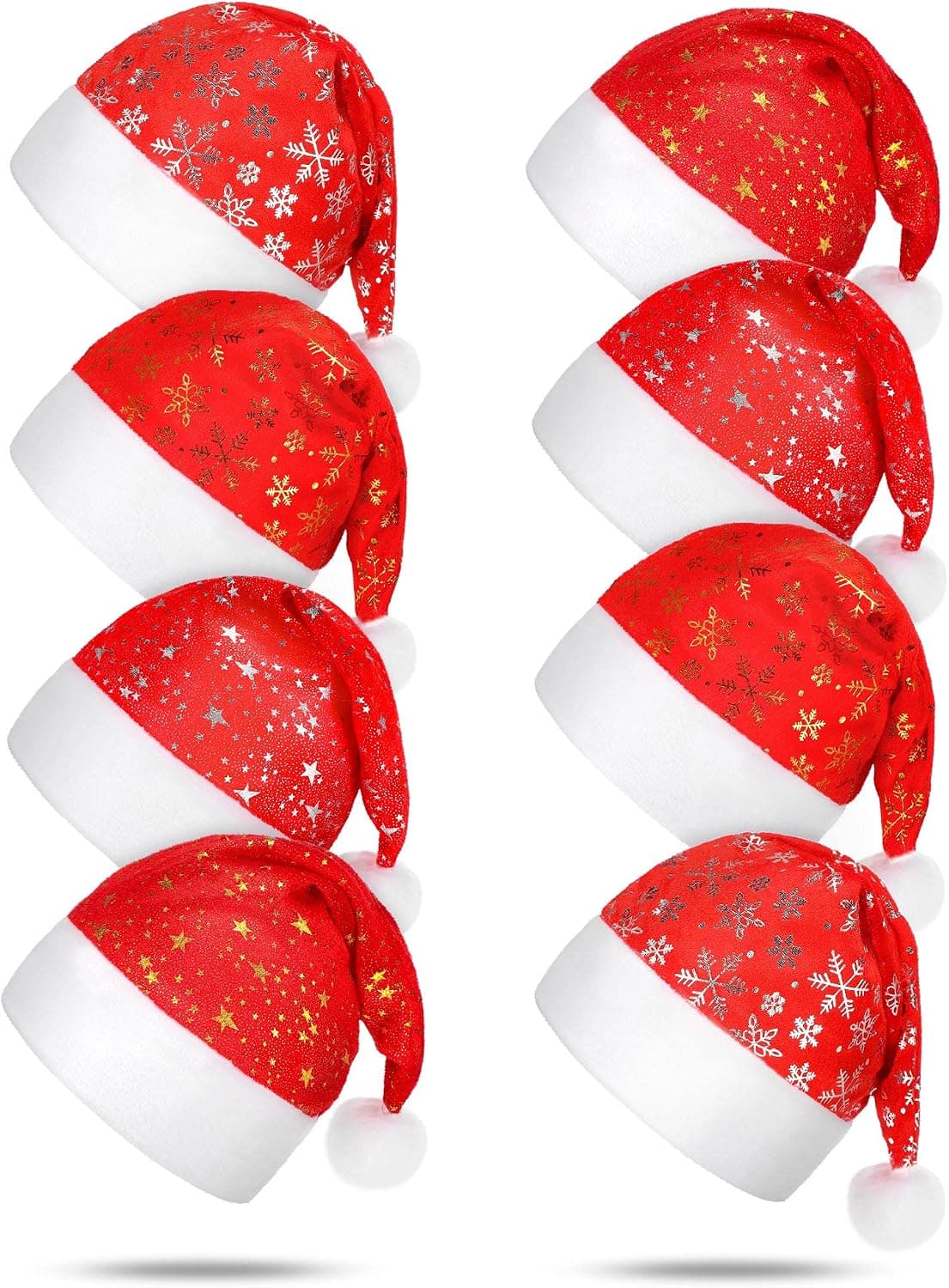 Civaner 8 Pieces Christmas Santa Hat Plush Fabric Christmas Hat Red Glitter Star and Snowflake Santa Hat Xmas Holiday Hat for Christmas Party Ornaments Party Supplies