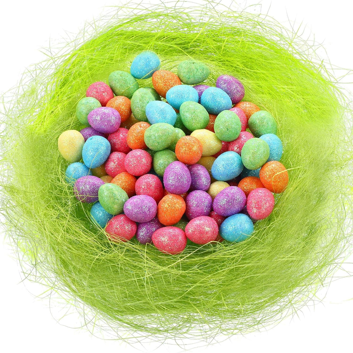 Fiada 300 Pieces Glitter Easter Eggs Small Decorative Foam Eggs Colorful Eggs Ornaments with Shredded Paper Grass for Easter Craft Home Decor, 0.6 x 0.7 Inch