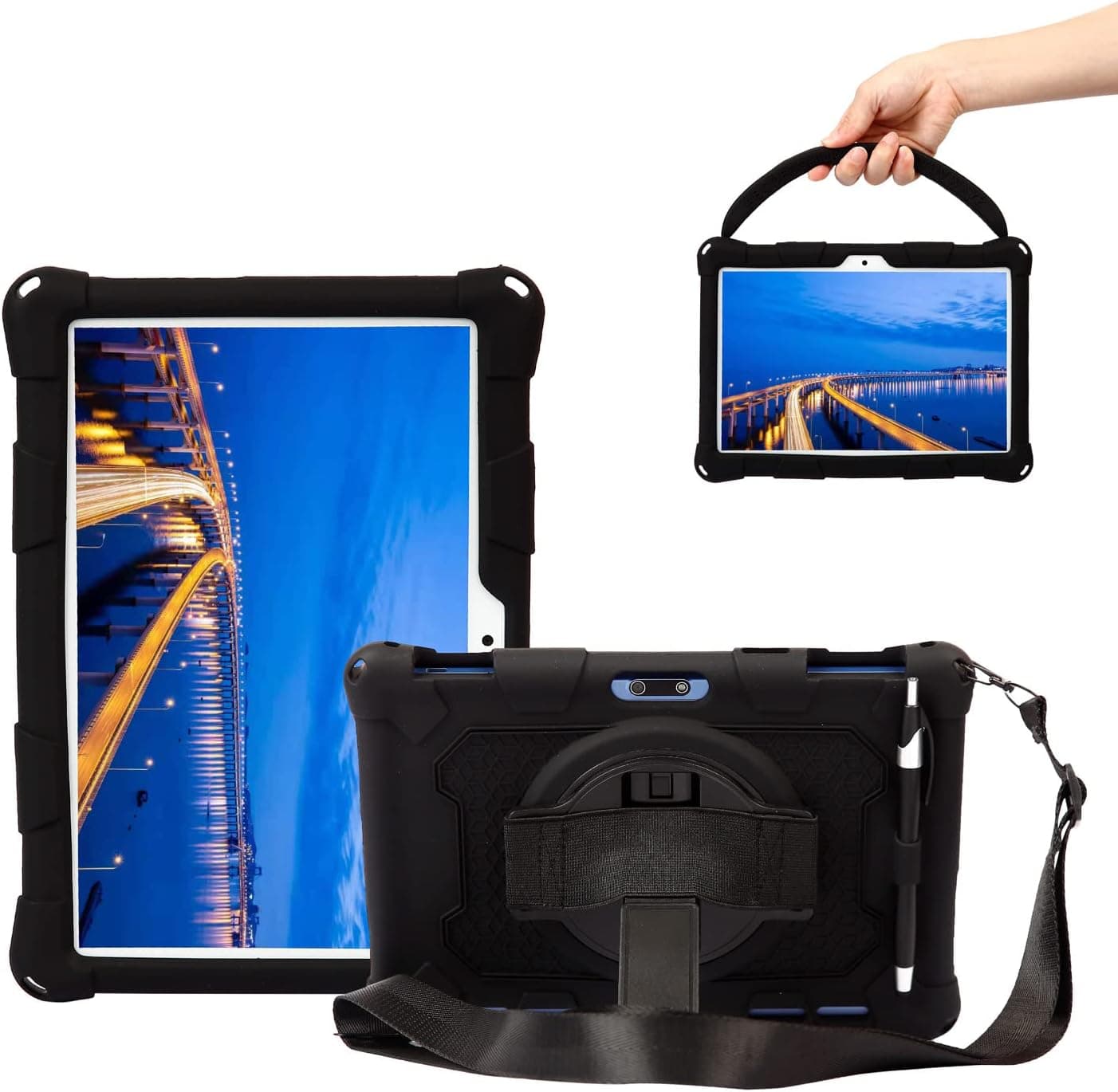 Sfulatdc Silicone Case with 360 Rotating Kickstand Strap/Shoulder Strap/Handle Compatible with Victbing 10, BENEVE 10.1,Dragon Touch Notepad K10/Max10 Black