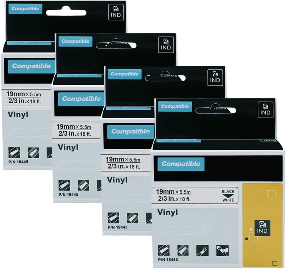 Aonomi Compatible Label Tapes Replacement for DYMO Rhino 18445 3/4 Inch Permanent Vinyl Labels for DYMO Rhino 4200 5200 5000 6000 Industrial Label Maker, Black on White, 3/4" x 18'(19mm x 5.5m),4-Pack