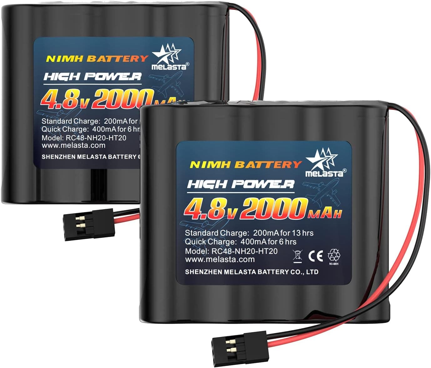 melasta 2 Pack RC Receiver Battery 4.8V 2000mAh NiMH Receiver Battery Pack with Hitec Connectors for Futaba RC Airplane Controller RC Aircrafts (with Tamiya to Hitec Plug, Both Female)