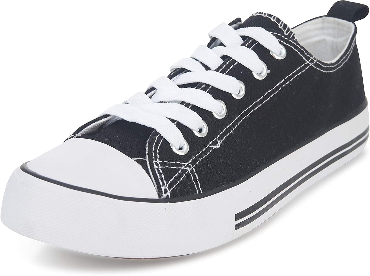 The Fashion Supply Low Top Cap Toe Women Sneakers Tennis Canvas Shoes Casual Shoes for Women Flats (Black/White, Numeric_6)