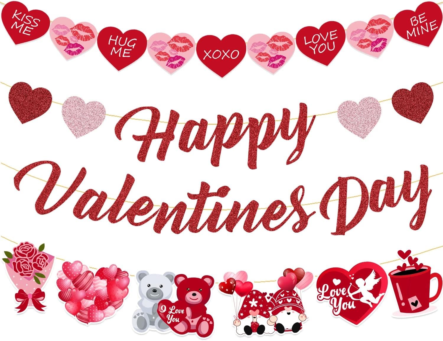Happy Valentines Day Banner, NO-DIY Red Pink Glitter Valentines Day Banner, Valentines Party Decorations Valentines Banner, Valentines Day Decorations For Party Banner