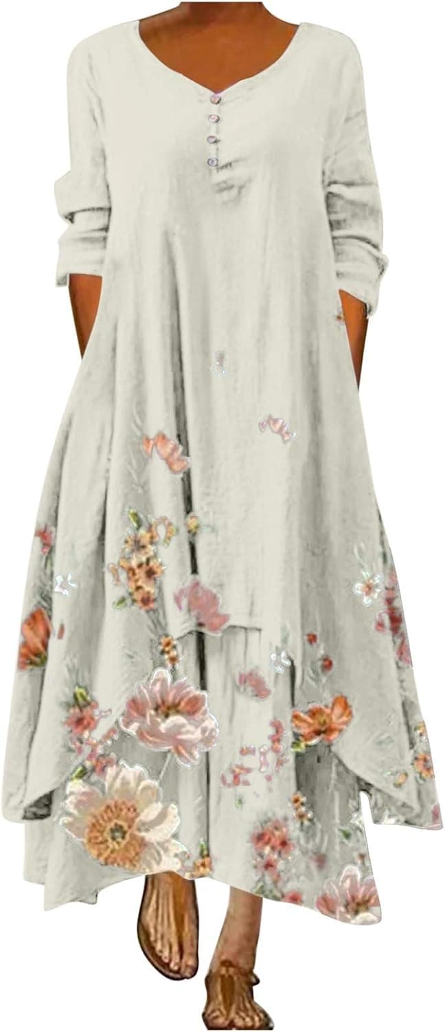 JINF Plus Size Women Vintage V Neck Splicing Floral Printed Long Sleeves Dress,Maxi Dress Fashion Beach Dress