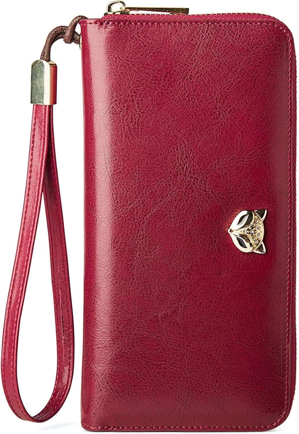 FOXLOVER Leather Wallets for Women RFID Blocking Compact Credit Card Holder Purse Clutch Wristlet with Zip Around (Red long)