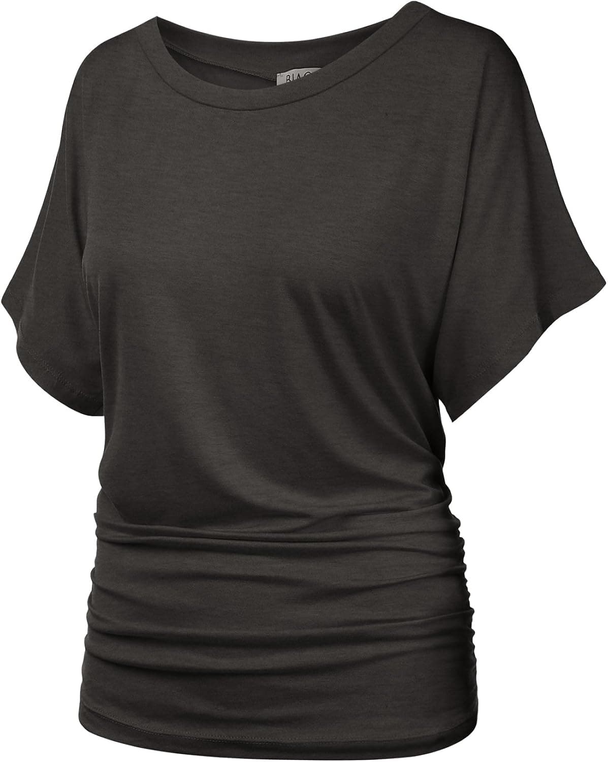 BIADANI Womens Short Sleeve Boat Neck Side Shirring Dolman Drape top