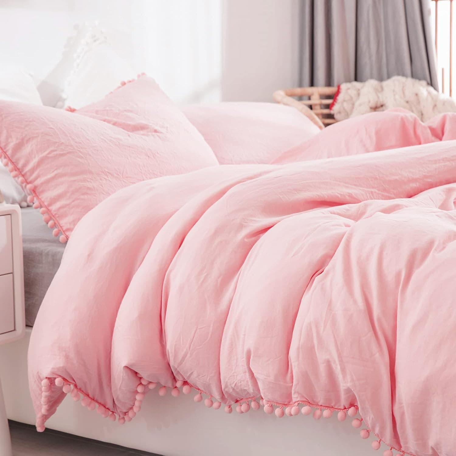 Pink Cover King 100% Washed Microfiber Pom Pom Fringe Cute Bedding Duvet Cover with 2 Pillowcases, Ultra Soft Pink Bedding Set 90"x103"