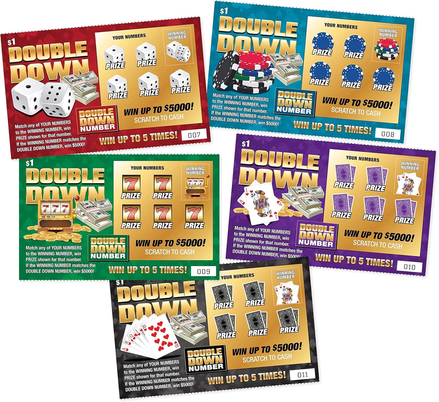DOUBLE DOWN - Casino Night Fake Scratch Off Cards (5 tickets) - Win $1000 or $5000 - Prank Winning Scratcher Tickets for Casino Theme Party Gags, Games, Jokes & Decorations - Pranks for Adults