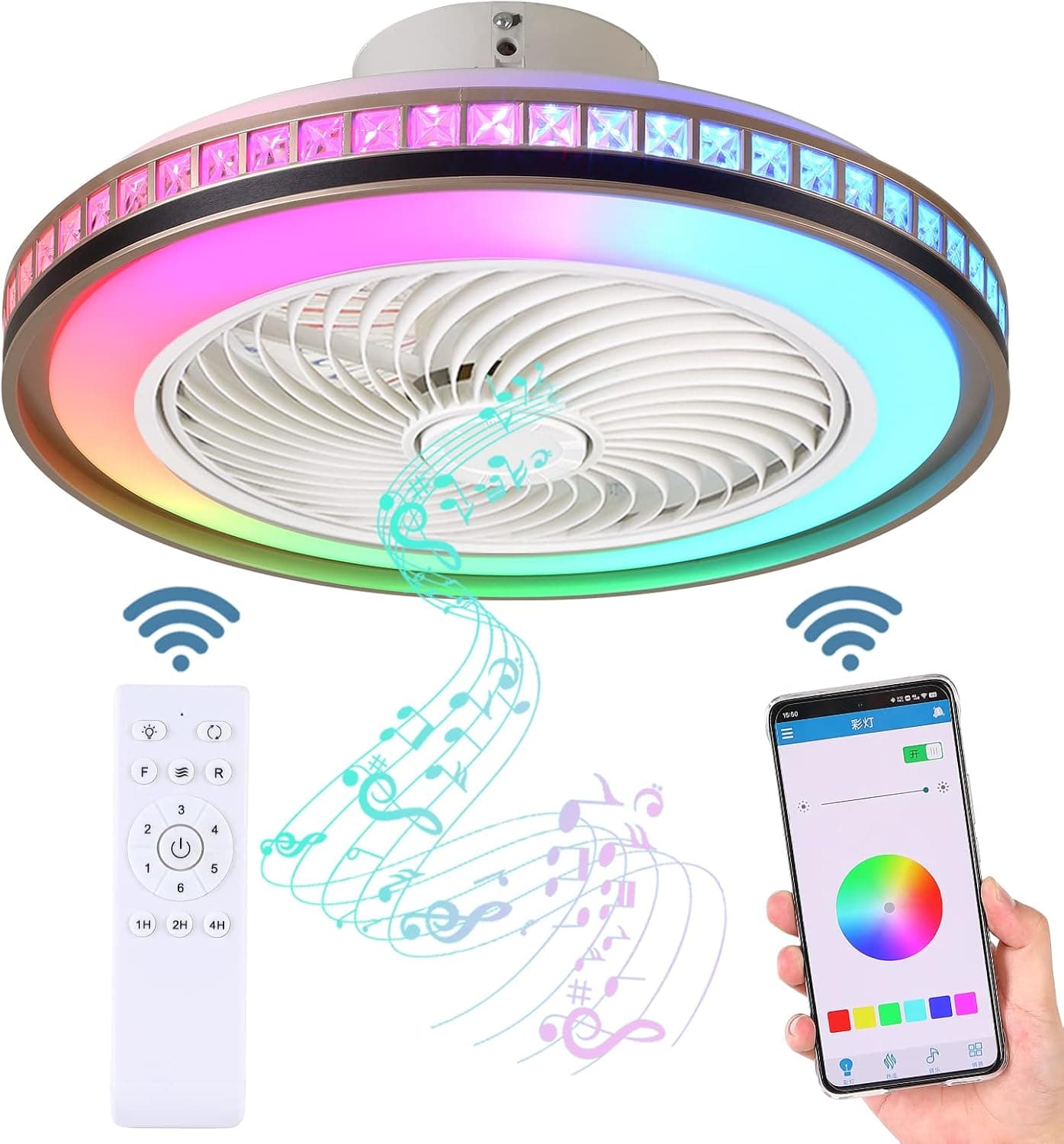 Zvaiuk 20 inch Bladeless Ceiling Fan with Bluetooth，Enclosed Ceiling Fan,Low Profile Ceiling Fan with Speakers, 6 Speed Reversible ，Color Stepless Dimming+Change Mode,for Bedroom (White)