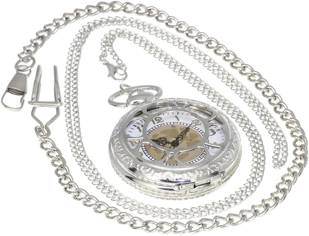 Silver Vintage Antique Case Pocket Watch Fob Watch for Men Women Girls Boys Gifting Occasion with 1 PC Necklace Chain 1 PC Clip Key Rib Chain