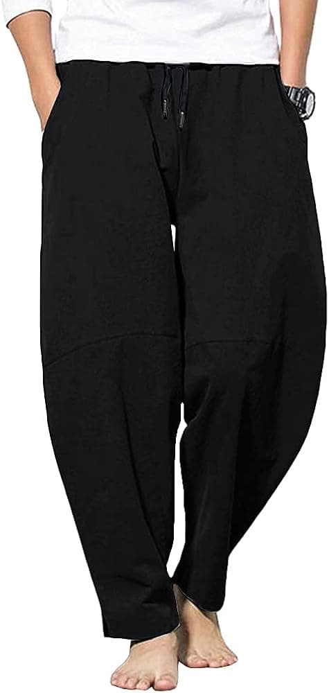 PASLTER Mens Casual Baggy Capri Pants Elastic Waist Linen Lightweight Loose Summer Trousers