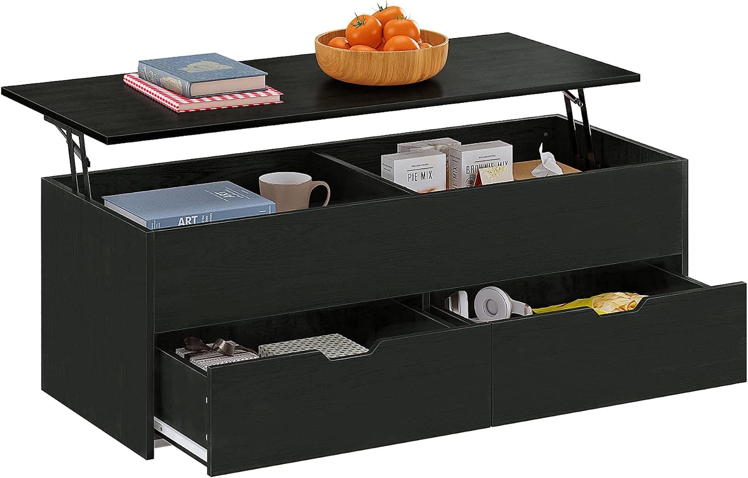 HOMEFORT Lift Top Coffee Table with Two Drawers, Wood Cocktail Table with Hidden Compartment and Storage Drawers for Living Room, Reception Room (Black)