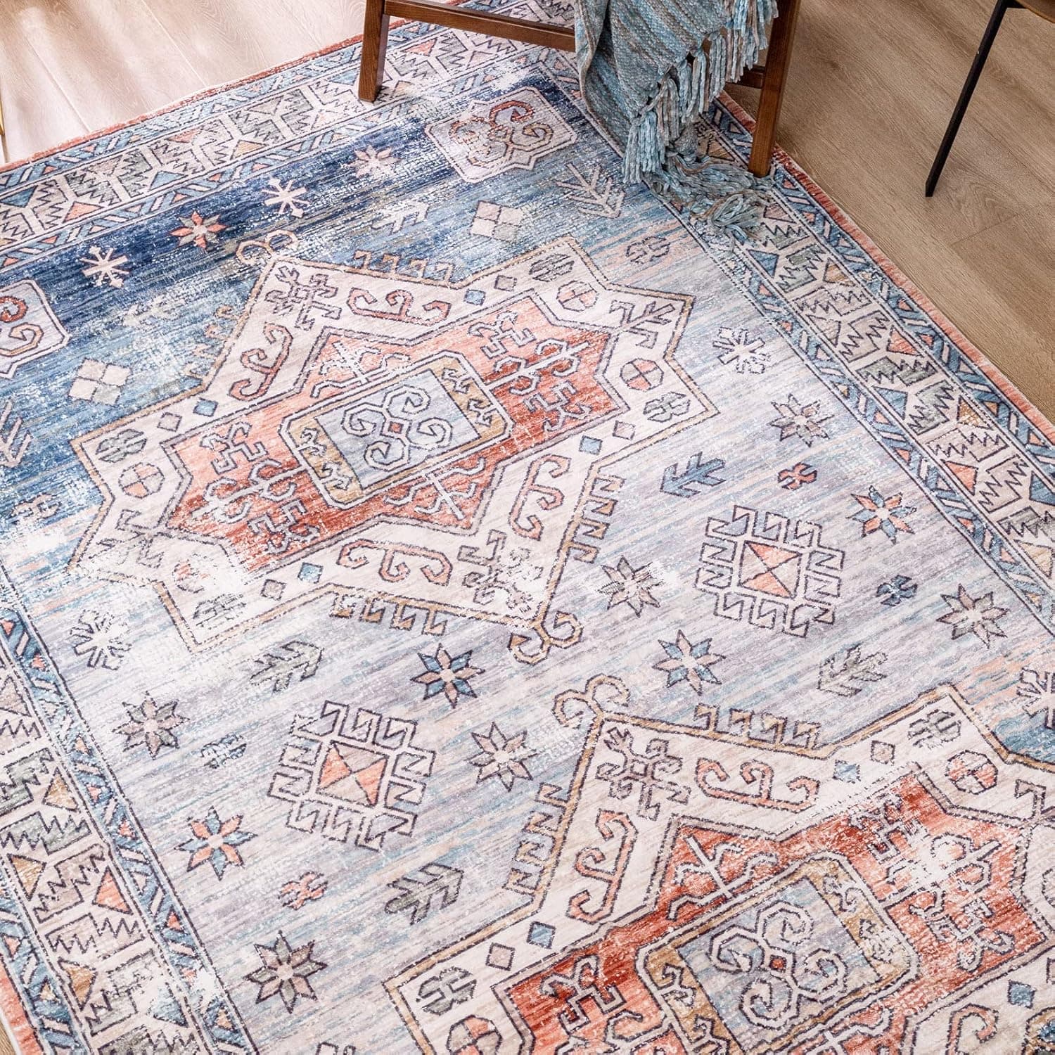 DECOMALL Large Area Rug 8x10, Soft Carpet Living Room Rug, Big Bedroom Area Rugs, Farmhouse Rug, Traditional Persian Boho Rug, Vintage Distressed Rug, Blue Multi Medallion Rug