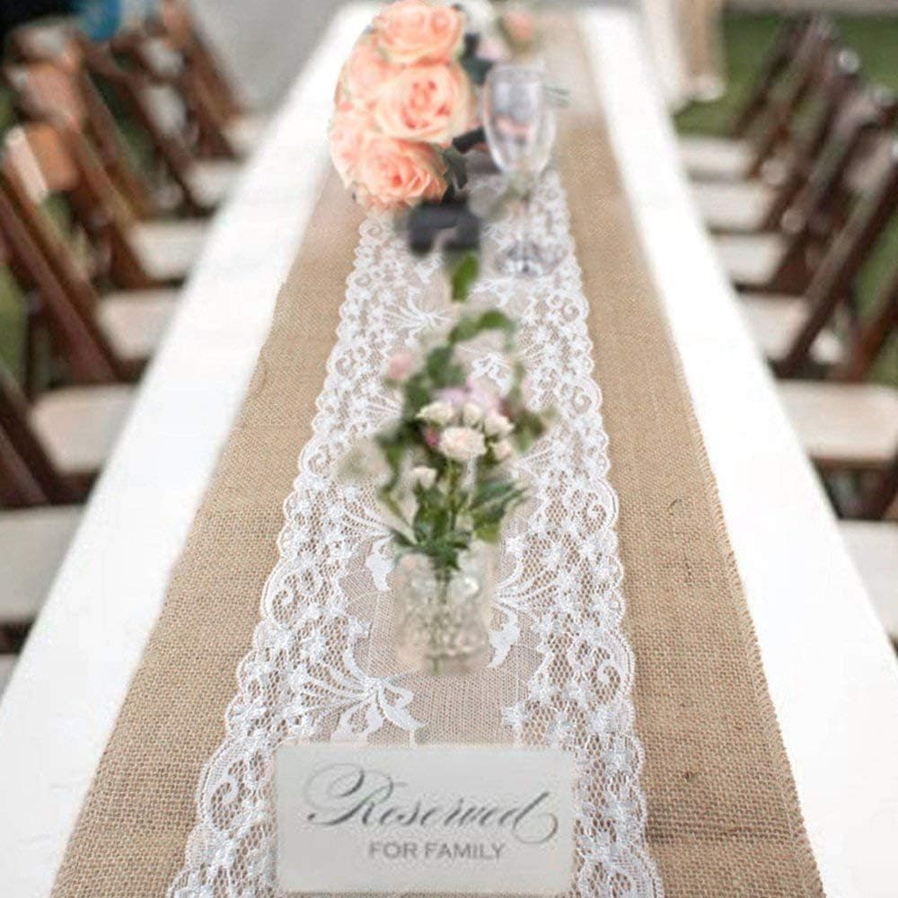 Newdanceus 12X108 Set of 5 Burlap Lace Hessian Table Runner Rustic Natural Jute Country Wedding Party Dining Table Decoration Christmas Decoration Table Runner