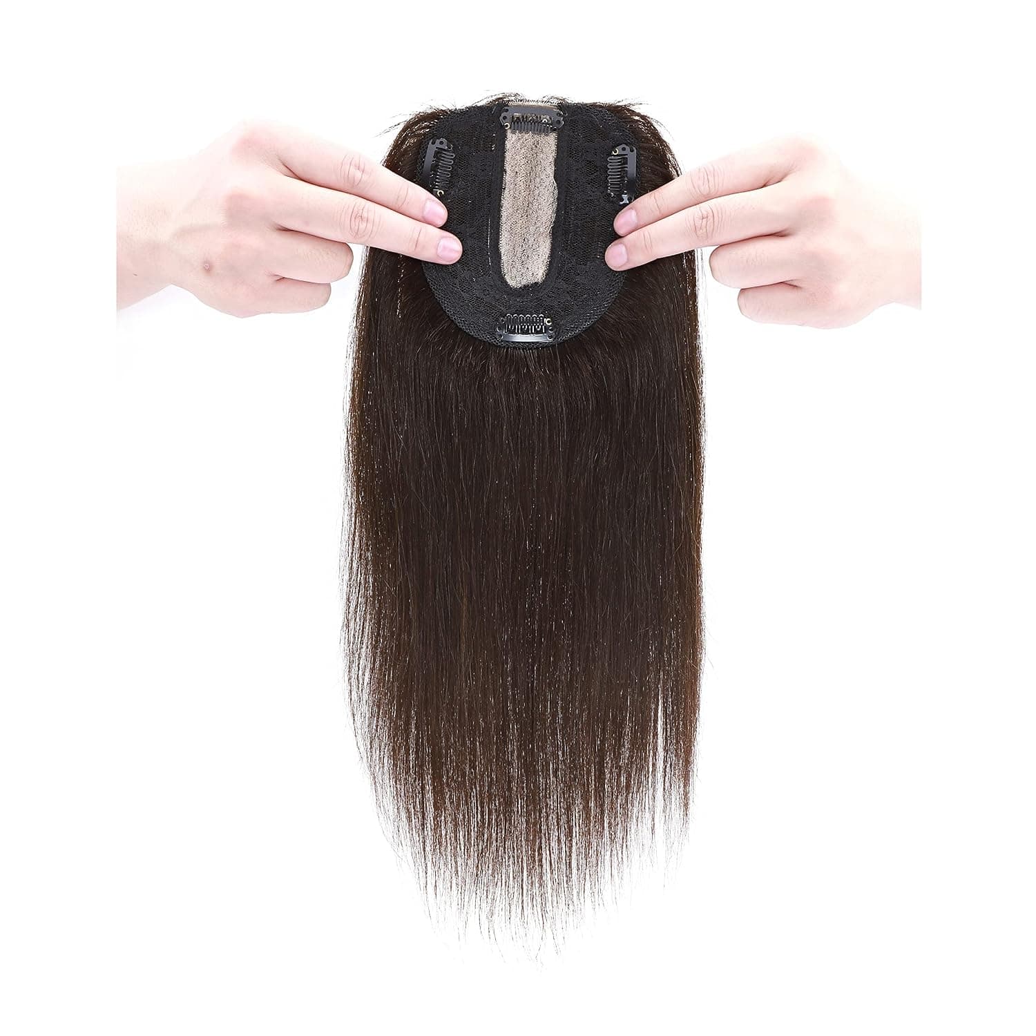 SEGO 130% Density Hair Topper No Bangs Silk Base Human Hair Clip in Hair Pieces for Slight Hair Loss Thinning Hair Cover Gray Hair -18 Inch -2 Dark Brown