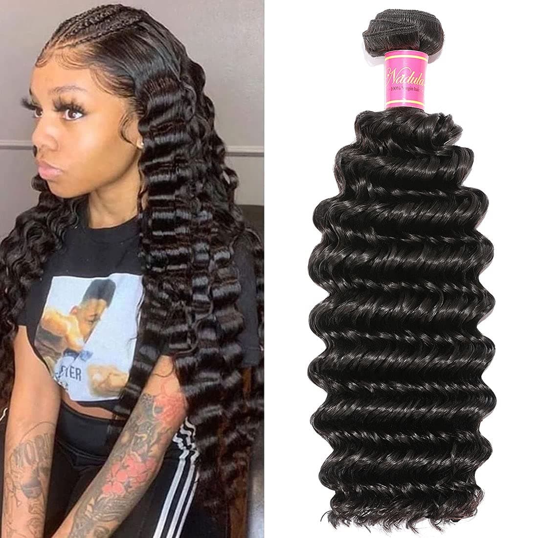 Nadula 8A Brazilian Deep Wave Hair 1 Bundle Unprocessed Remy Virgin Human Hair Weave Extensions Natural Color (18inch)