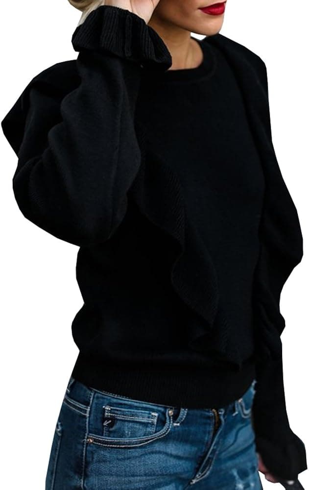 Imily Bela Women's Crew Rib Ruffle Front Puff Long Sleeve Blouse Sweater Crop T Shirts (Large, Z-Black)