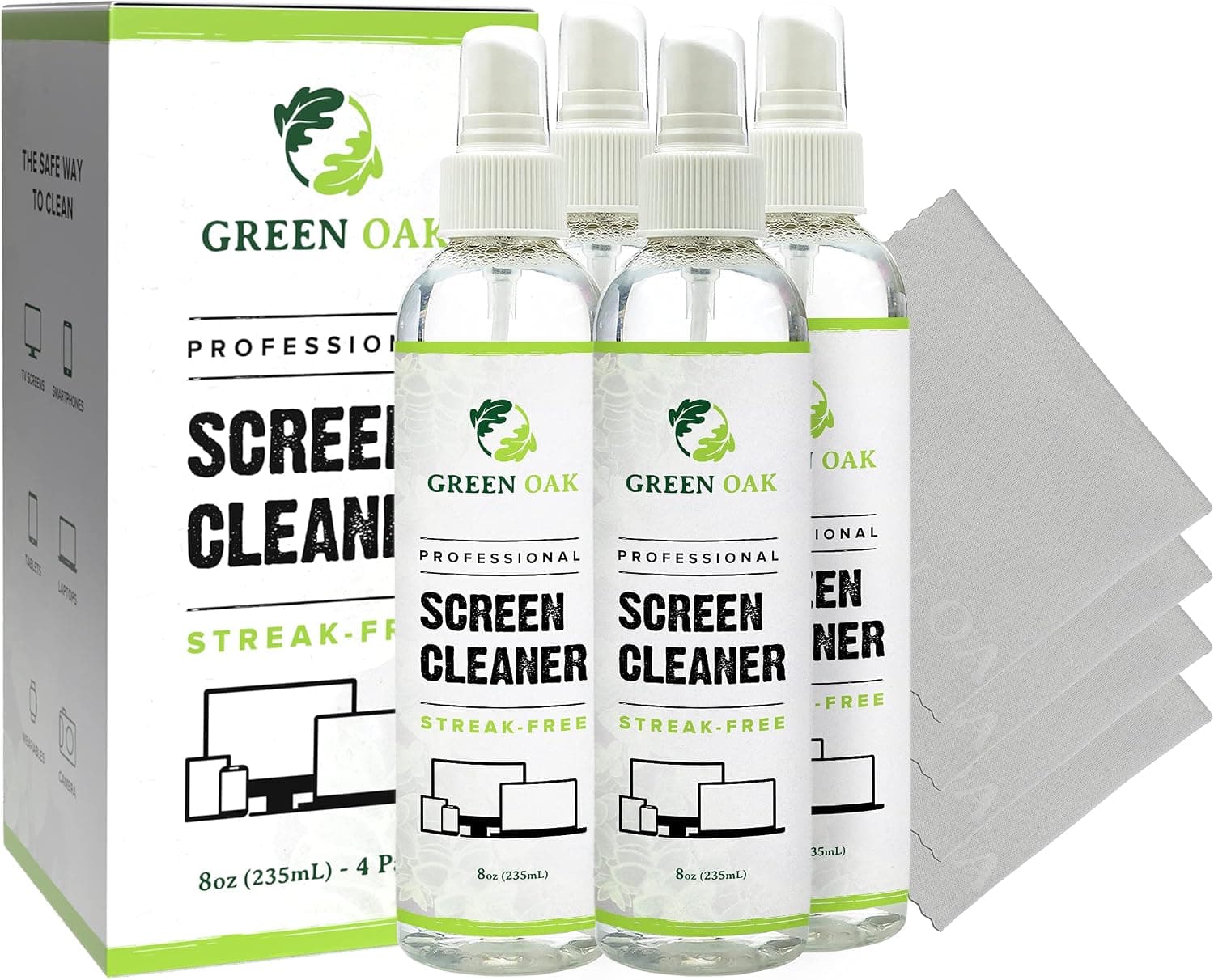 Screen Cleaner - Green Oak Professional Screen Cleaner Spray - Best for LCD & LED TV, Tablet, Computer Monitor, Phone - Safely Cleans Fingerprints, Dust, Oil (8oz 4-Pack)